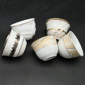 Sake or Tea Cups White Gold & Silver Trim Lot of 5 Mis-matched 1.5"